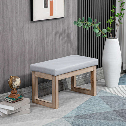 Gray footstool in linen look with wooden legs - 68x38x42 cm