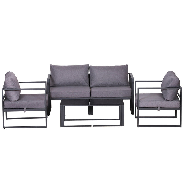 Four piece gray garden furniture set with cushions and storage