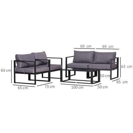Four piece gray garden furniture set with cushions and storage