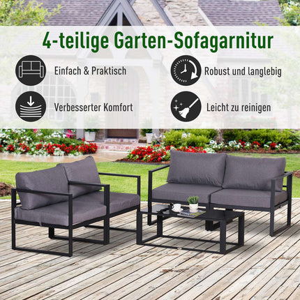 Four piece gray garden furniture set with cushions and storage