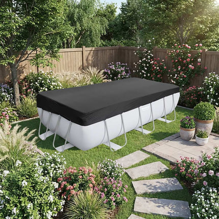 Frame Pool Cover 396 x 185 cm for 404 x 201 cm Pools, Black PVC, Drain Holes