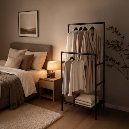 Free-Standing Black Clothes Rack with 2 Shelves