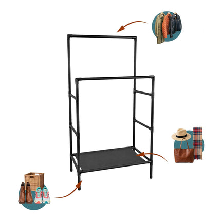 Free-Standing Black Clothes Rack with 2 Shelves