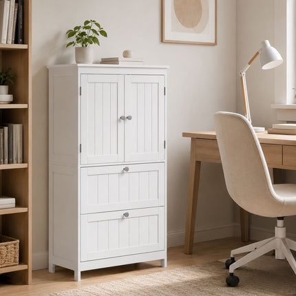 Freestanding Bathroom Cabinet, White, 2 Drawers, Adjustable Shelf
