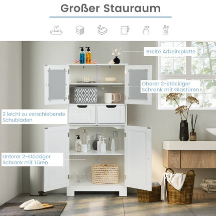 Freestanding Bathroom Cabinet with Glass Doors, 60x30x128 cm, White