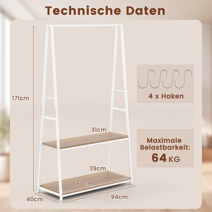 Freestanding Clothes Rack with 2 Shelves, White