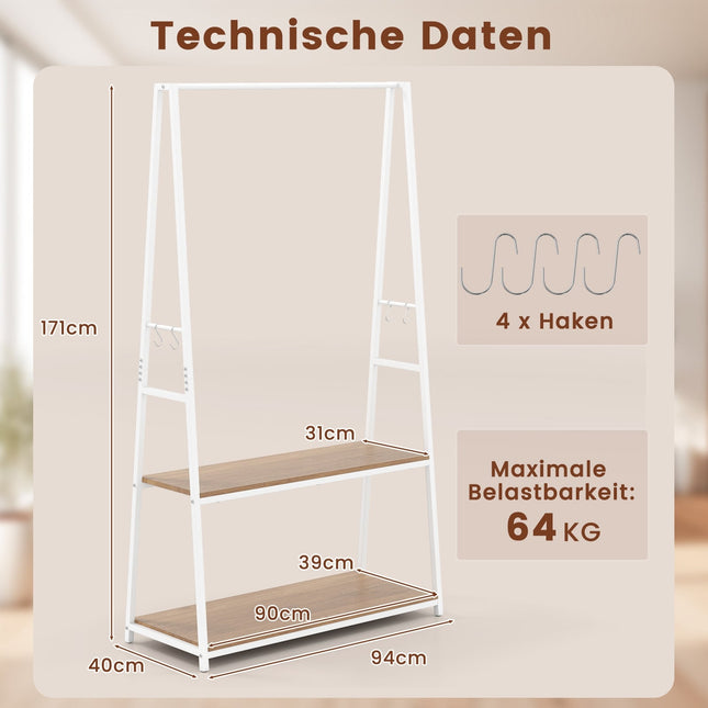 Freestanding Clothes Rack with 2 Shelves, White
