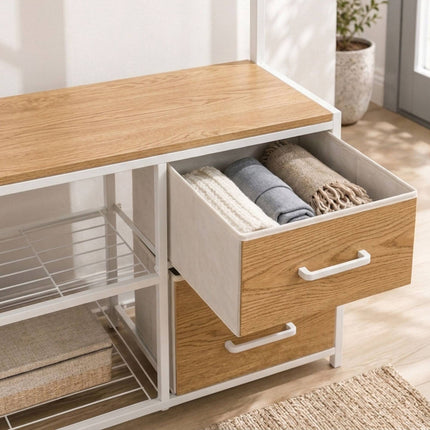 Freestanding Coat Rack with Shoe Shelves and Drawers
