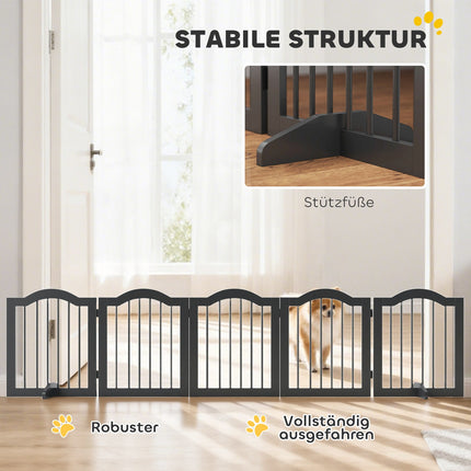 Freestanding Dog Gate, Foldable, 5 Panels, Black, 261.5x29.5x61 cm