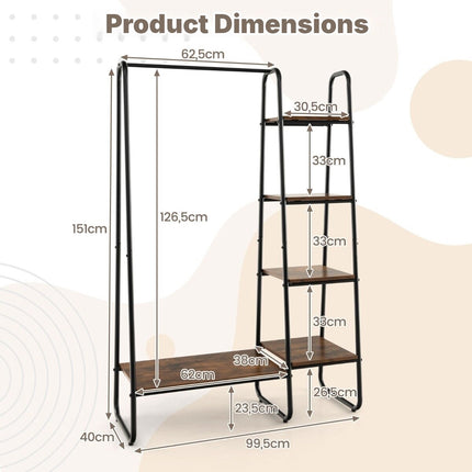 Freestanding Garment Rack with 5-Tier Shelves, Hanging Rod, Rustic Brown/Black