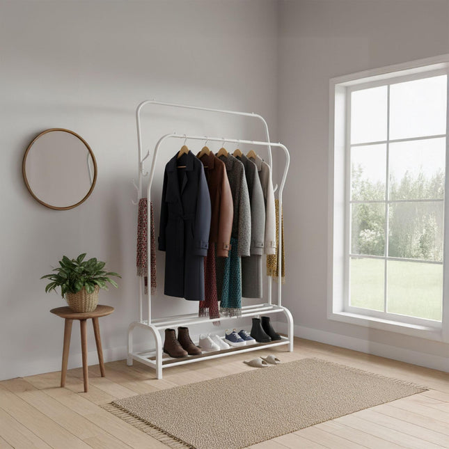 Freestanding Iron Clothes Rack with 2 Rails & Shelves