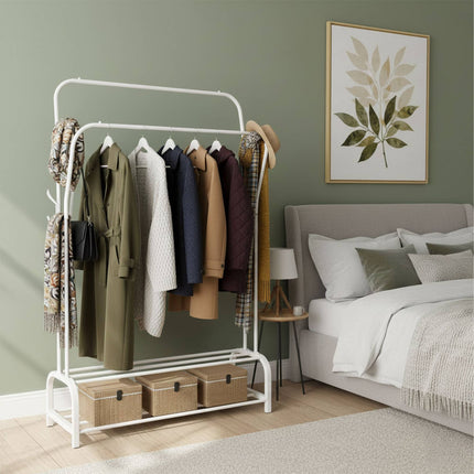 Freestanding Iron Clothes Rack with 2 Rails & Shelves