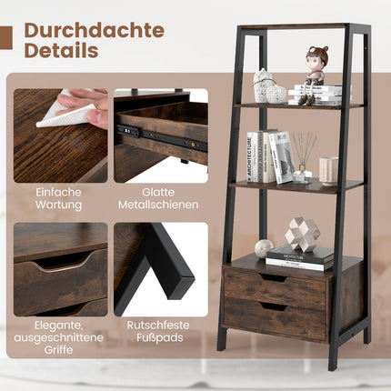 Freestanding Ladder Bookshelf, 134cm, 4 Shelves, 2 Drawers