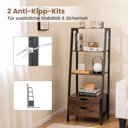 Freestanding Ladder Bookshelf, 134cm, 4 Shelves, 2 Drawers