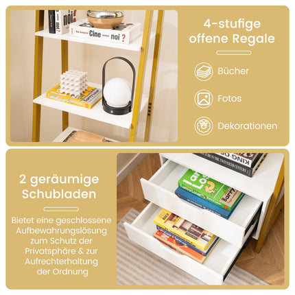 Freestanding Ladder Bookshelf, 134cm, 4 Shelves, 2 Drawers