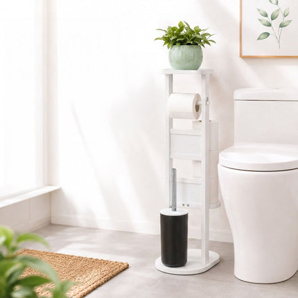 Freestanding Toilet Roll Holder with Shelf – White