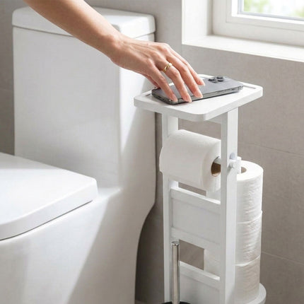 Freestanding Toilet Roll Holder with Shelf – White