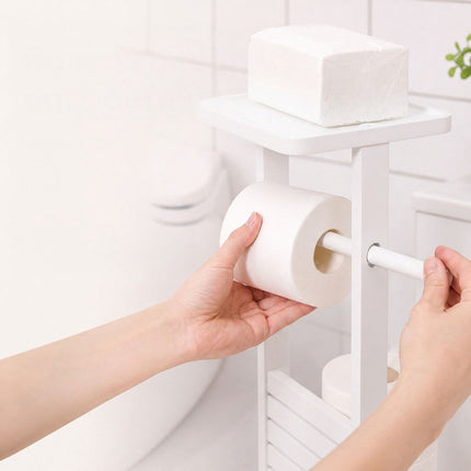 Freestanding Toilet Roll Holder with Shelf – White