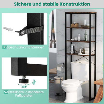 Freestanding Toilet Shelf with Metal Frame & Anti-tip 4 Tier Bathroom Shelf