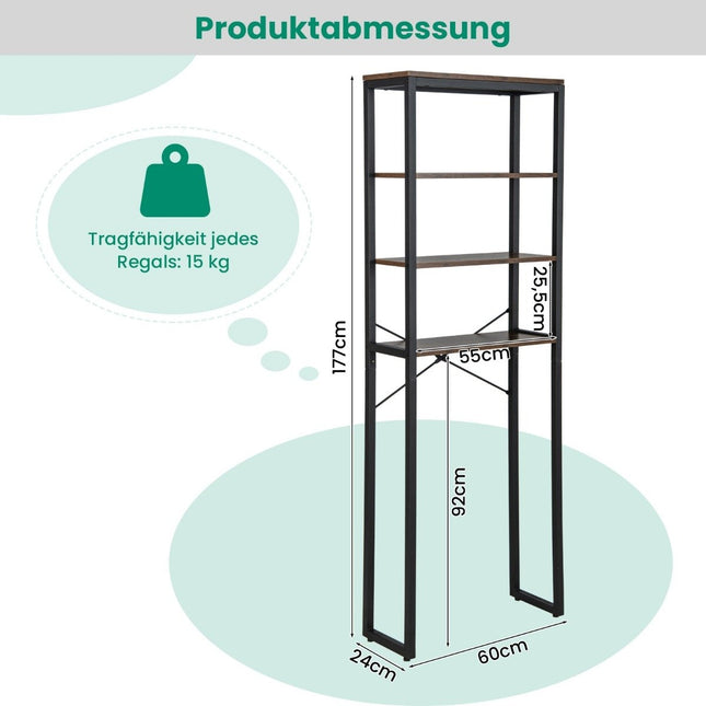 Freestanding Toilet Shelf with Metal Frame & Anti-tip 4 Tier Bathroom Shelf