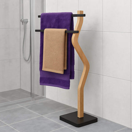 Freestanding Towel Rack, 2-Bar, Bent Wooden Frame