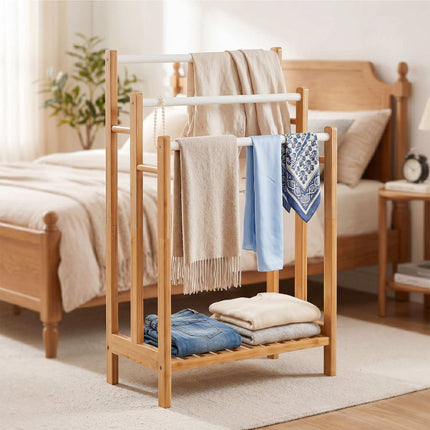 Freestanding Towel Rack, Bamboo And Steel, 3 Bars, Shelf