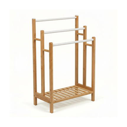 Freestanding Towel Rack, Bamboo And Steel, 3 Bars, Shelf