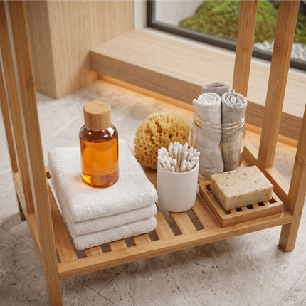 Freestanding Towel Rack, Bamboo And Steel, 3 Bars, Shelf