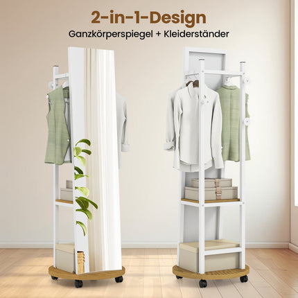 Freestanding Wardrobe Mirror with Hooks and Shelves, White