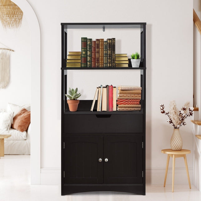 Freestanding bathroom cabinet with 2 doors & 3 open shelves & drawer tall cabinet black