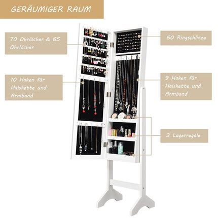 Freestanding jewelry cabinet with mirror adjustable jewelry shelf 35.5 × 33 x 153 cm white