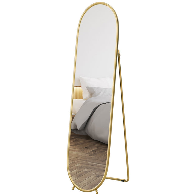 Oval full length mirror, 160x40cm gold metal frame with stand