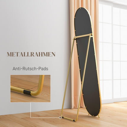Oval full length mirror, 160x40cm gold metal frame with stand
