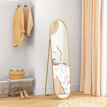 Oval full length mirror, 160x40cm gold metal frame with stand