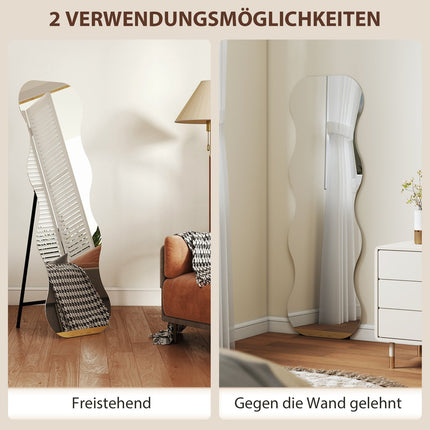 Full-Length Mirror, Frameless, Wood Base, Wave Shape, Black