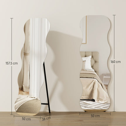Full-Length Mirror, Frameless, Wood Base, Wave Shape, Black