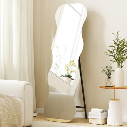 Full-Length Mirror, Frameless, Wood Base, Wave Shape, Black