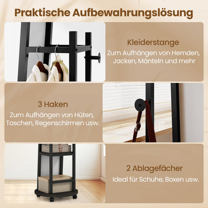Full-Length Mirror with Hooks, Shelves & Wheels, Black