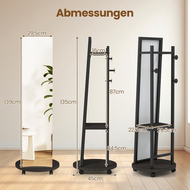 Full-Length Mirror with Hooks, Shelves & Wheels, Black
