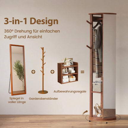 Full-Length Mirror with Rotating Stand, Walnut, 2 Rods
