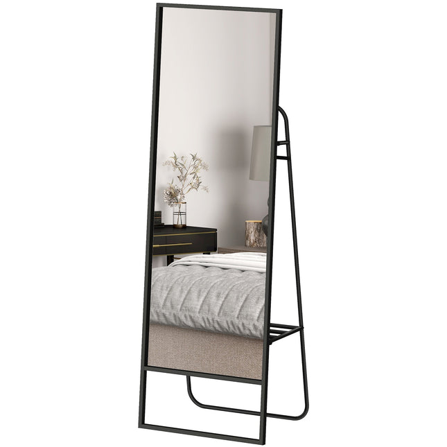 Full-Length Mirror with Shelf & Hooks, Black, 157x50 cm