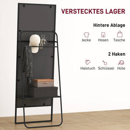 Full-Length Mirror with Shelf & Hooks, Black, 157x50 cm