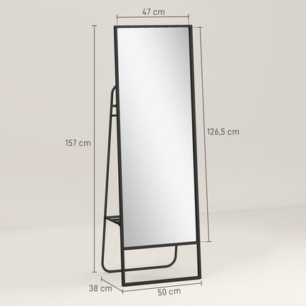 Full-Length Mirror with Shelf & Hooks, Black, 157x50 cm