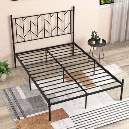 Full metal platform bed frame with headboard & noise-free mattress base, stable metal sled support, black