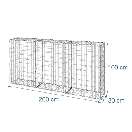 Galvanised Gabion Basket, 200x30x100 cm, 3 Compartments