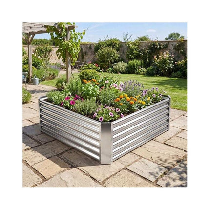 Galvanized Raised Garden Bed 124 x 124 x 44.5 cm, Open Base Planter, Silver