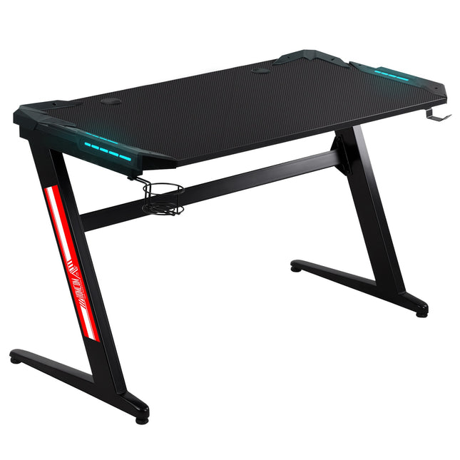 Gaming table with LED, cup holder & headphone hook, Black