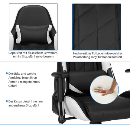 Gaming Chair, Adjustable Recline 90-160, White PU Leather