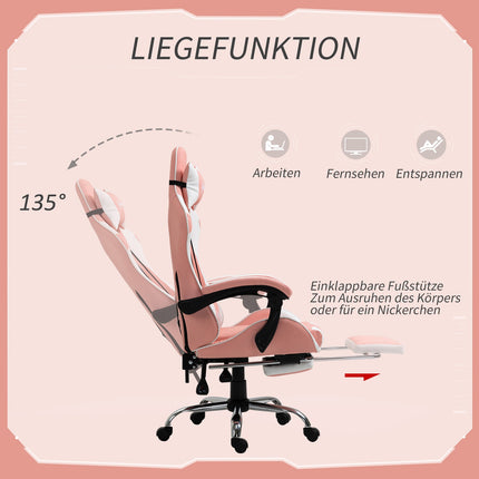 Ergonomic pink and white gaming chair with lumbar support