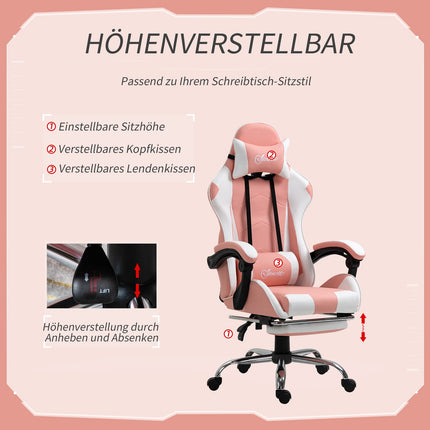 Ergonomic pink and white gaming chair with lumbar support
